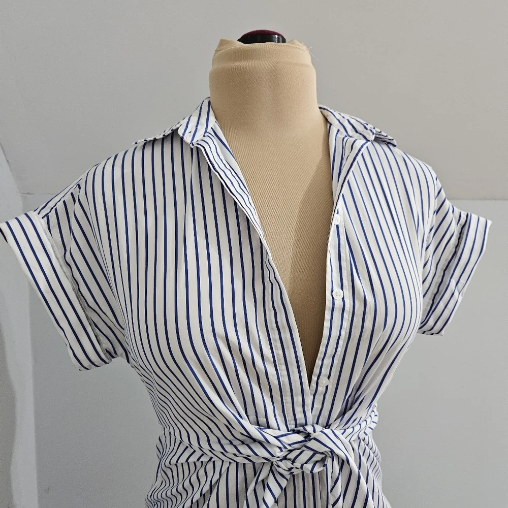 Lauren Ralph Lauren Blue White Stripe Wrap Blouse Short Sleeve XS Summer Resort - Picture 7 of 16